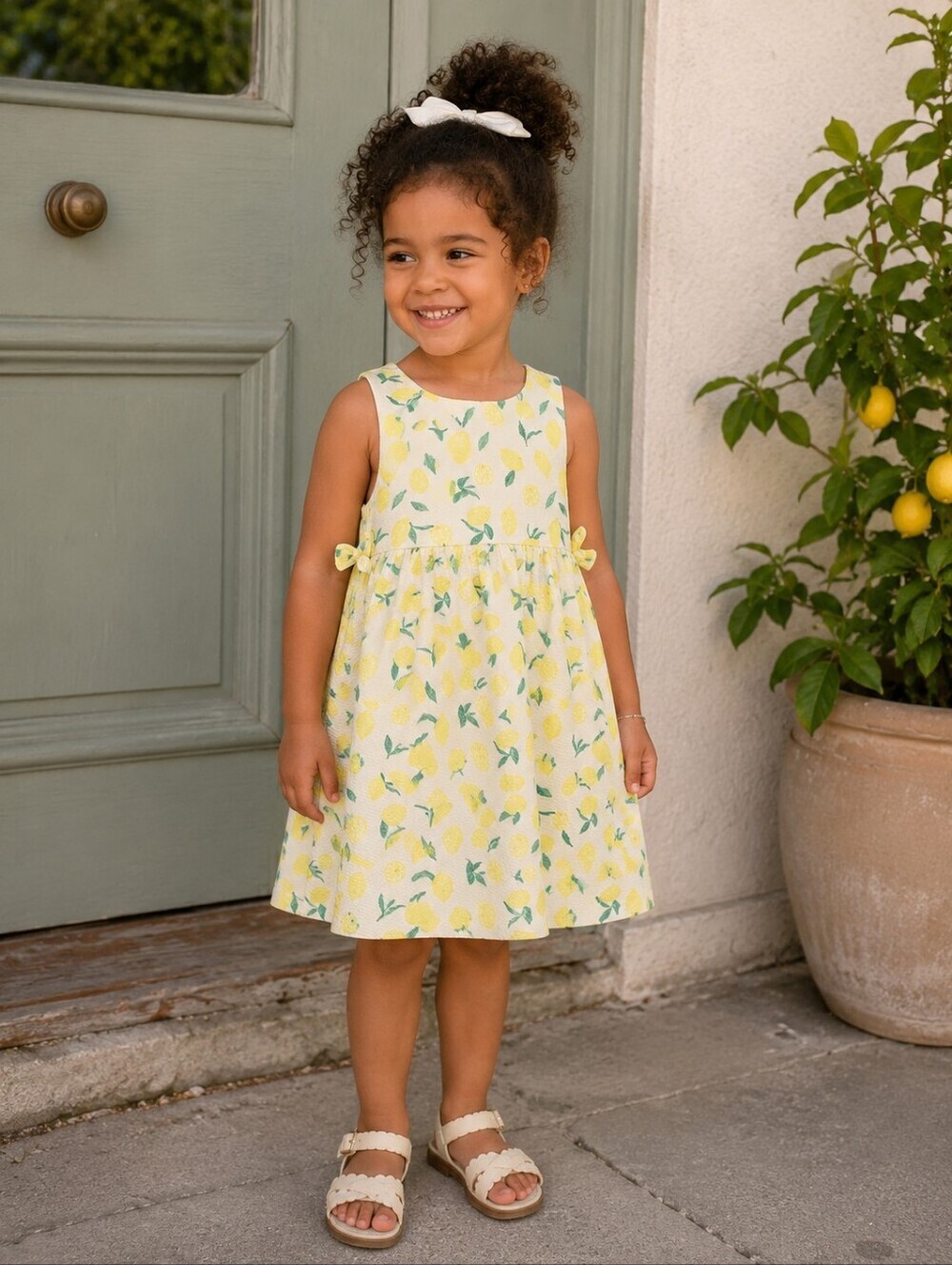Zara Girls Lemon Print Dress Size 4-5 Yellow Textured Summer Sundress
